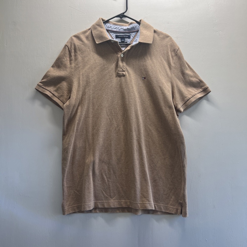 Y2K Tommy Hilfiger Polo Shirt Large‎ Adult Brown Casual Cotton Flag Logo Mens